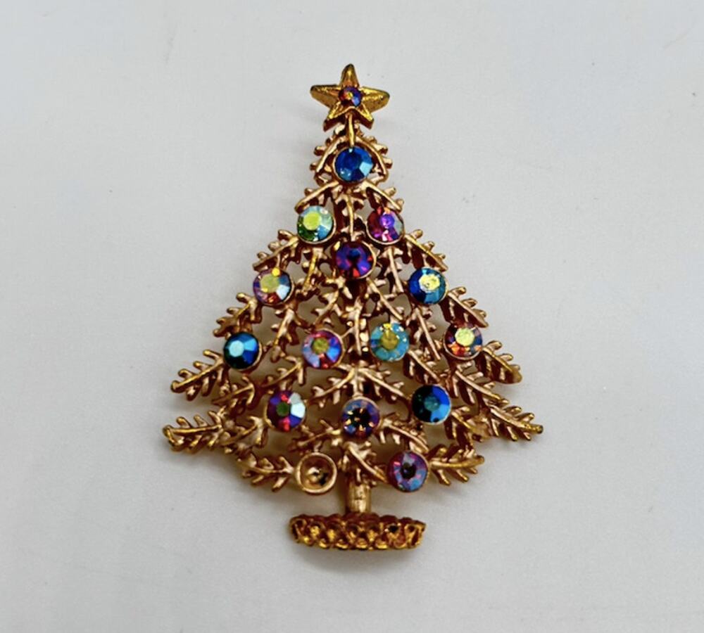 Vintage Weiss Christmas Tree Brooch Aurora Borealis Gold Tone MISSING RHINESTONE
